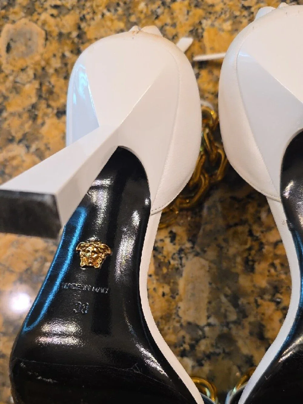 Versace White Heeled Sandals with Gold Chain Accents - Picture 9 of 12